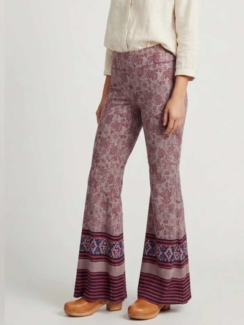 Free People Printed Bootcut Flare Pants in Dusty Mauve and Berry